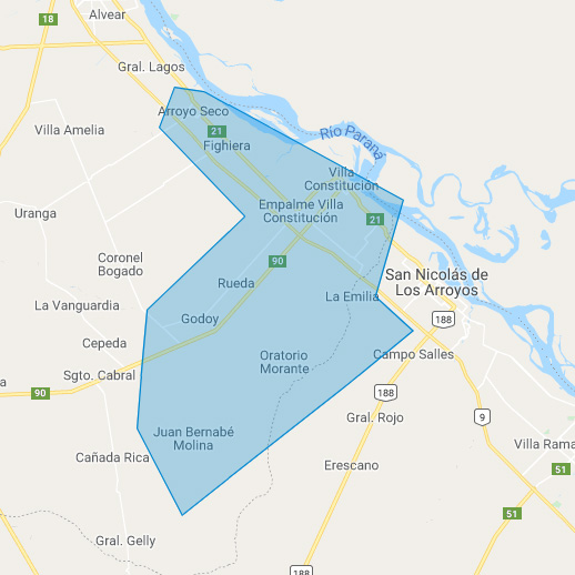 Mapa - Zona Ruta 9 - Arroyo Seco - Fighiera - Empalme - Villa Constitución - Pavón - La Emilia - Theobald - JB Molina - Sanchez - Godoy - Rueda - Morante