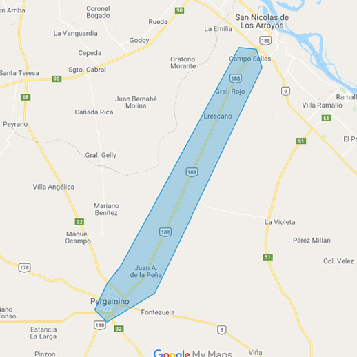 Mapa - Zona Ruta 188 - Campo Salles - Gral Rojo - Erezcano - Conesa - Guerrico - Acevedo - Pergamino