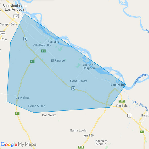 Mapa - Zona Ruta 51 - Pérez Millán - La Violeta - San Pedro - Gobernador Castro - El Paraiso - Ramallo